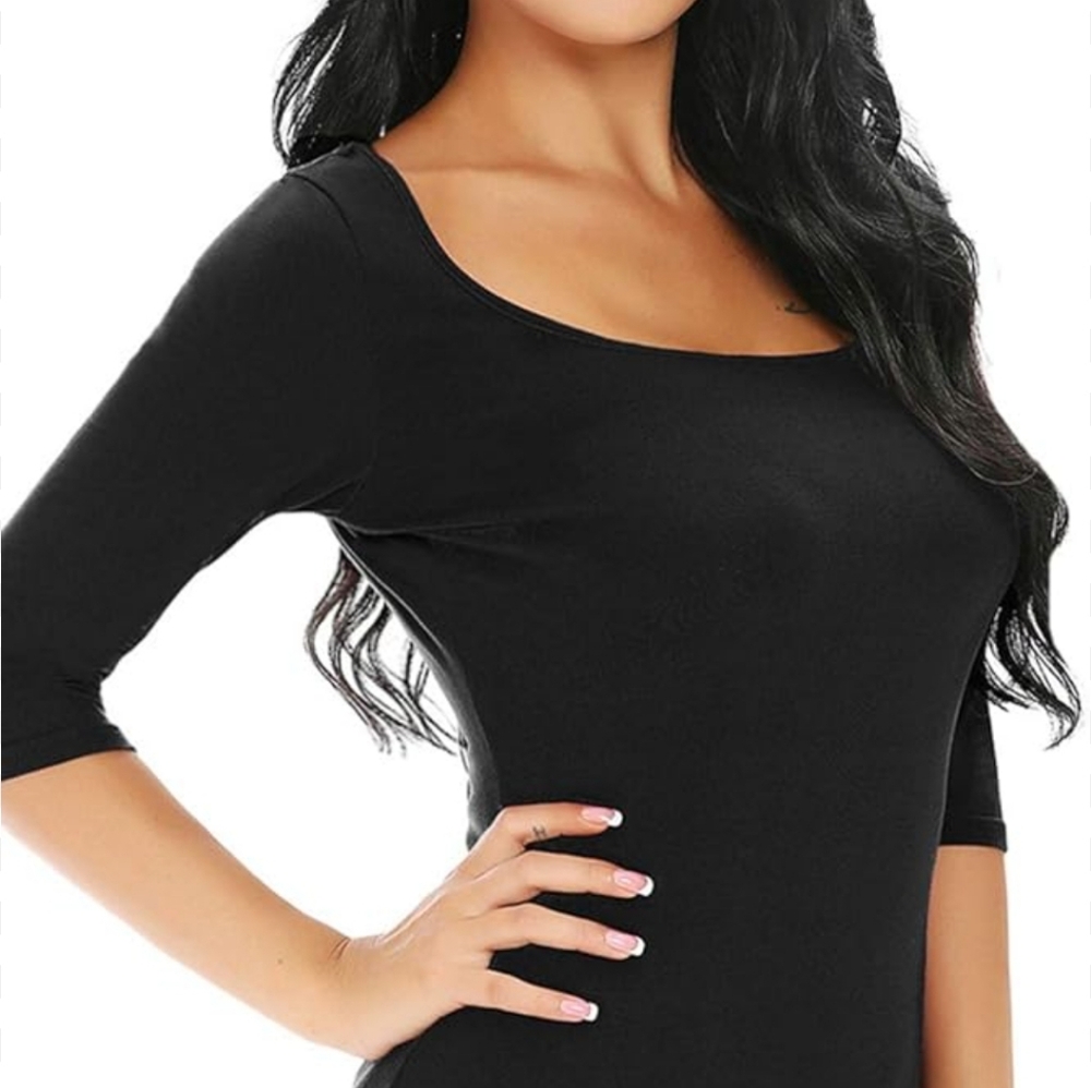 Rachel Zoe Square Neck 3/4 Sleeve Black Top NWT Sz.L Double Layered Tee